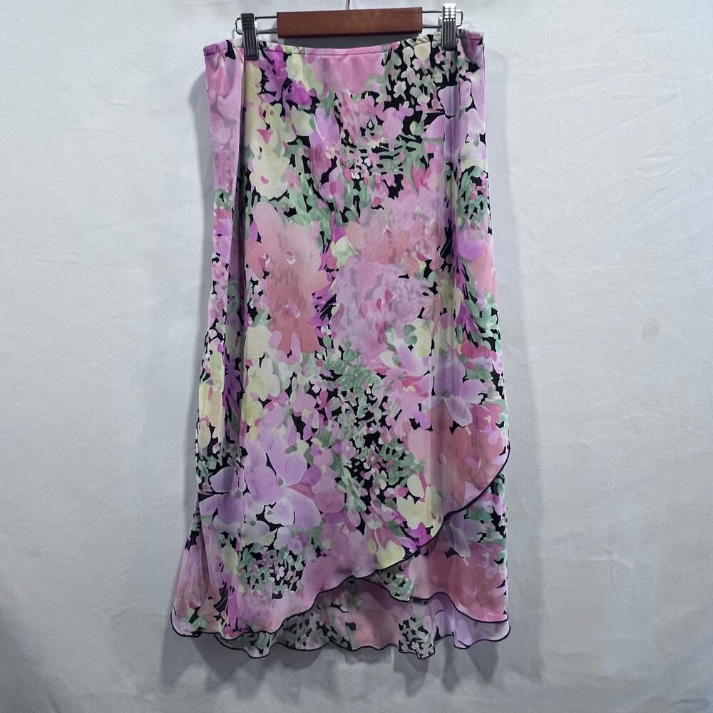 Y2K Vintage AGB Women's Pink Floral Print Midi Skirt Size M Fairycore Romantic